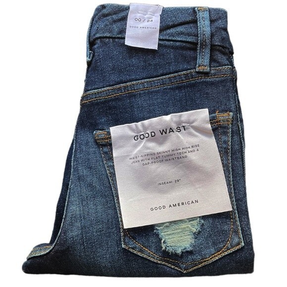 NWT Good American Good Waist Jeans Dark Wash Distressed Back Pockets Size 24 NEW - Picture 9 of 13